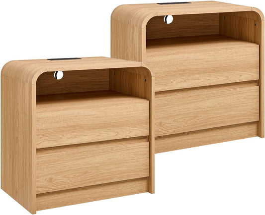 25" Tall Modern Nightstand Set of 2, 23.6'' Wide Wood Bedside Table W/2 Storage Drawers, Charging Station, Mid Century End Table for Bedroom, Living Room,Curved Profile Design, Natural Oak