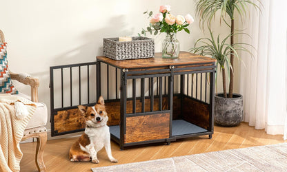 40 Inch Dog Crate Furniture with Cushion for Large Medium Dogs, Wooden Heavy Duty Dog Kennel with Double Doors, Decorative Pet House Dog Cage Side End Table Indoor, Sliding Door Chew-Resistant