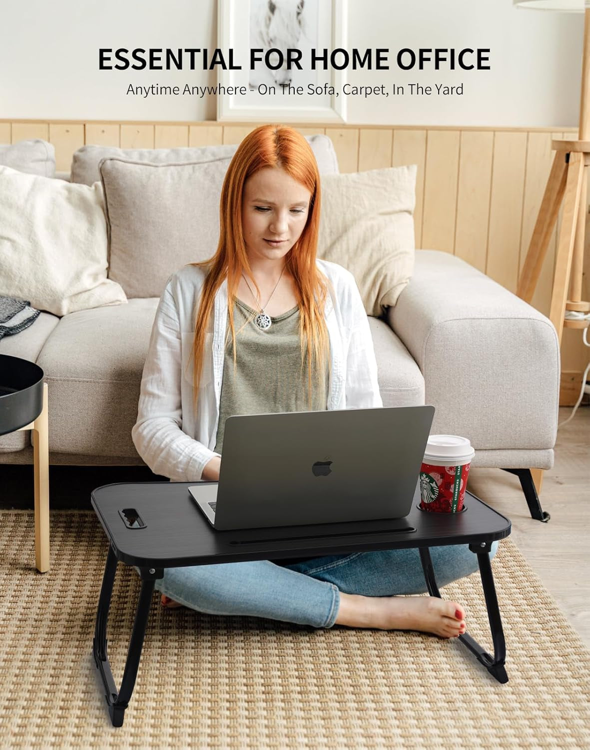Laptop Bed Desk, Foldable Lap Desk, Portable Lap Table, Laptop Stand with Cup Holder & Tablet Slot & Lifting Handle for Working Writing Drawing & Eating - Black