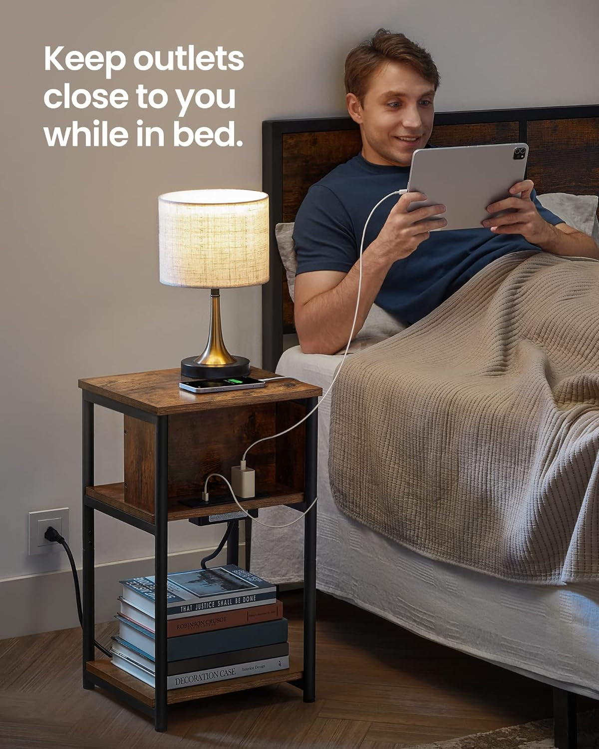 Side Table with Charging Station, 3-Tier End Table with USB Ports and Outlets, Nightstand for Living Room, Bedroom, 11.8 X 13.4 X 22.8 Inches, Plug-In Series, Misty Gray and Black