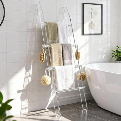 Blanket Ladder 5.6FT for Bathroom, 4 Tier Modern Decor Waterproof Blanket Holder for Living Room and Bedroom, Easy Assembly Clear Acrylic Ladder Shelf, Leaning Quilt Rack with anti Slip Pads
