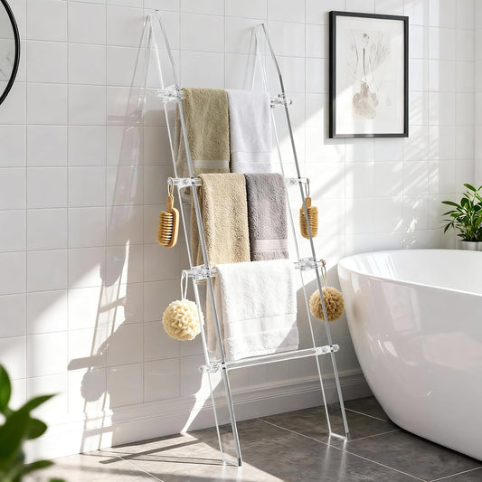 Blanket Ladder 5.6FT for Bathroom, 4 Tier Modern Decor Waterproof Blanket Holder for Living Room and Bedroom, Easy Assembly Clear Acrylic Ladder Shelf, Leaning Quilt Rack with anti Slip Pads