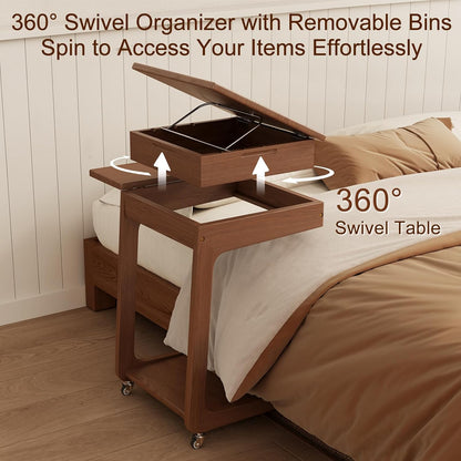 Solid Wood C Shaped End Table for Couch,Walnut C Table with Wheels,Small Side Table with Adjustable Desktop,Couch Desk with Storage,Rolling Tv Tray with Folding Shelf,Modern Bedside Table