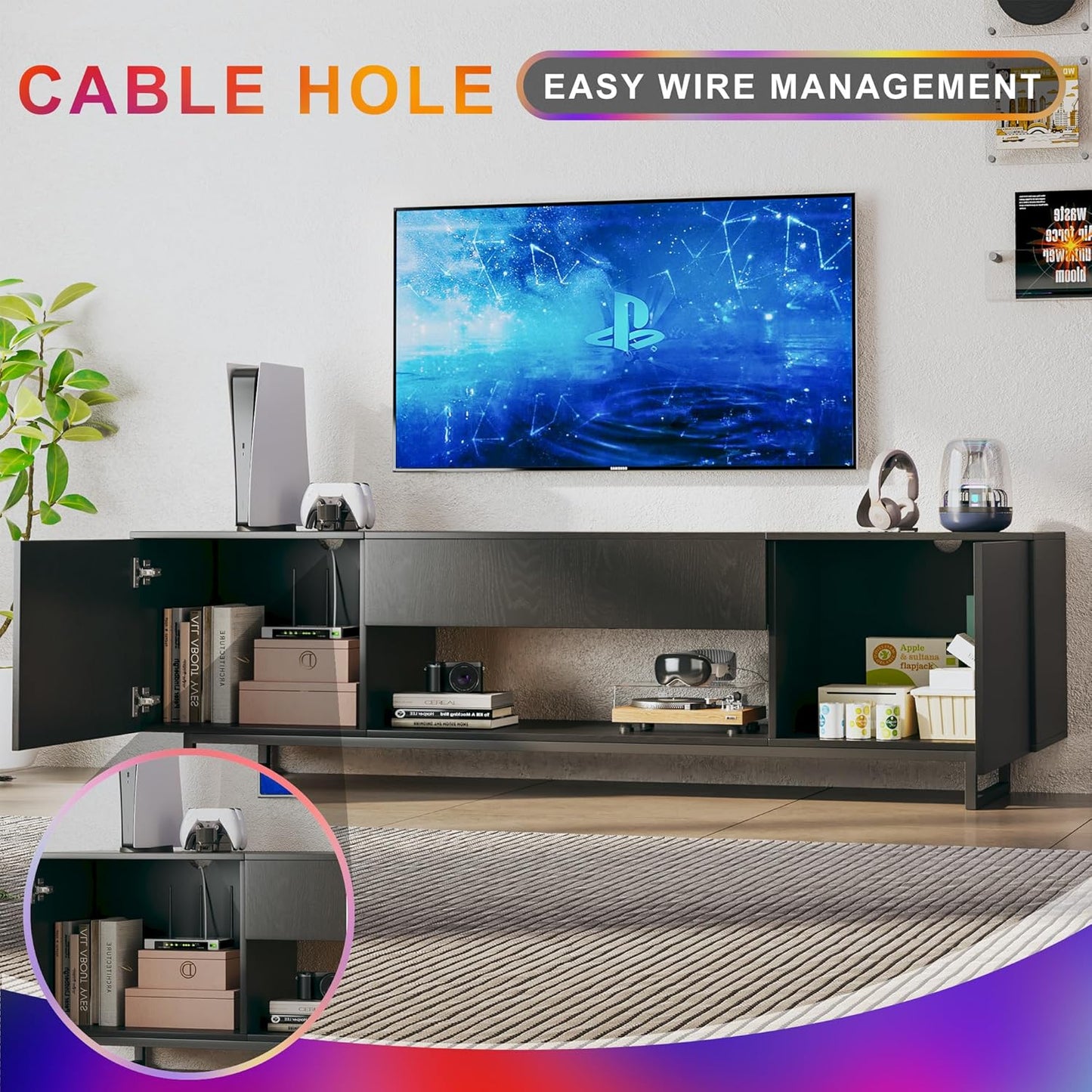 TV Stand for 75 Inch TV, Entertainment Center with LED Light, Modern Wood TV Console with Texture Entertainment Stand with Highlight Storage Cabinet for Tvs up to 70-80" Black