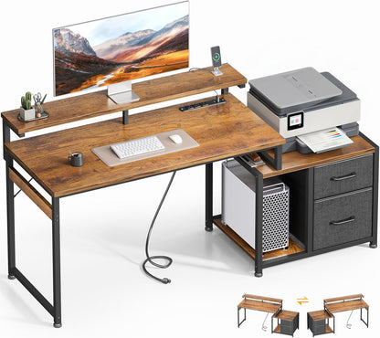 Computer Desk with Printer Storage Shelf, 56 Inch Office Desk with Drawers & Power Outlet, Reversible Desk Space-Saving Workstation with Individual PC Stand, Rustic Brown