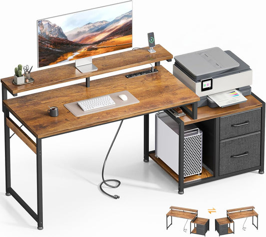 Computer Desk with Printer Storage Shelf, 56 Inch Office Desk with Drawers & Power Outlet, Reversible Desk Space-Saving Workstation with Individual PC Stand, Rustic Brown