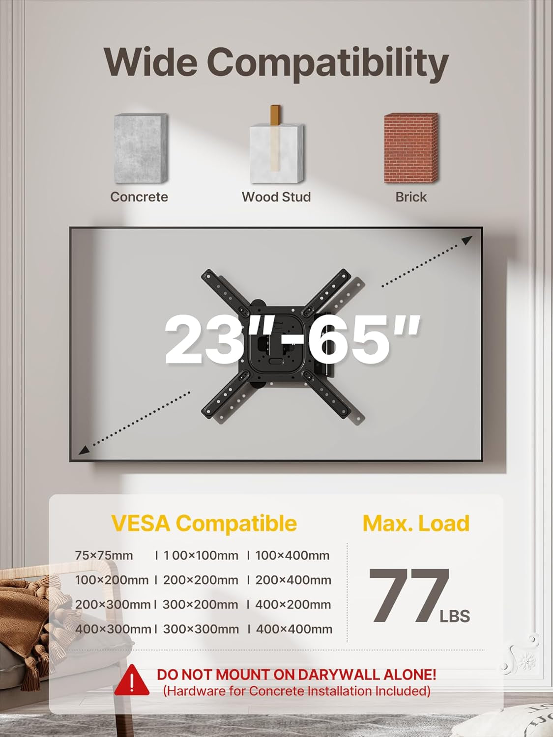 Full Motion TV Wall Mount for 23–65 Inch Flat & Curved Tvs and Monitors, Swivel & Tilt Articulating Bracket, Max VESA 400X400Mm, Holds up to 77 Lbs, Perfect Center Design