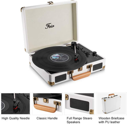 Vinyl Record Player Bluetooth with Speakers 3 Speed Portable Turntable Suitcase Built in 2 Speakers RCA Line Out AUX Headphone Jack PC Recorder-White