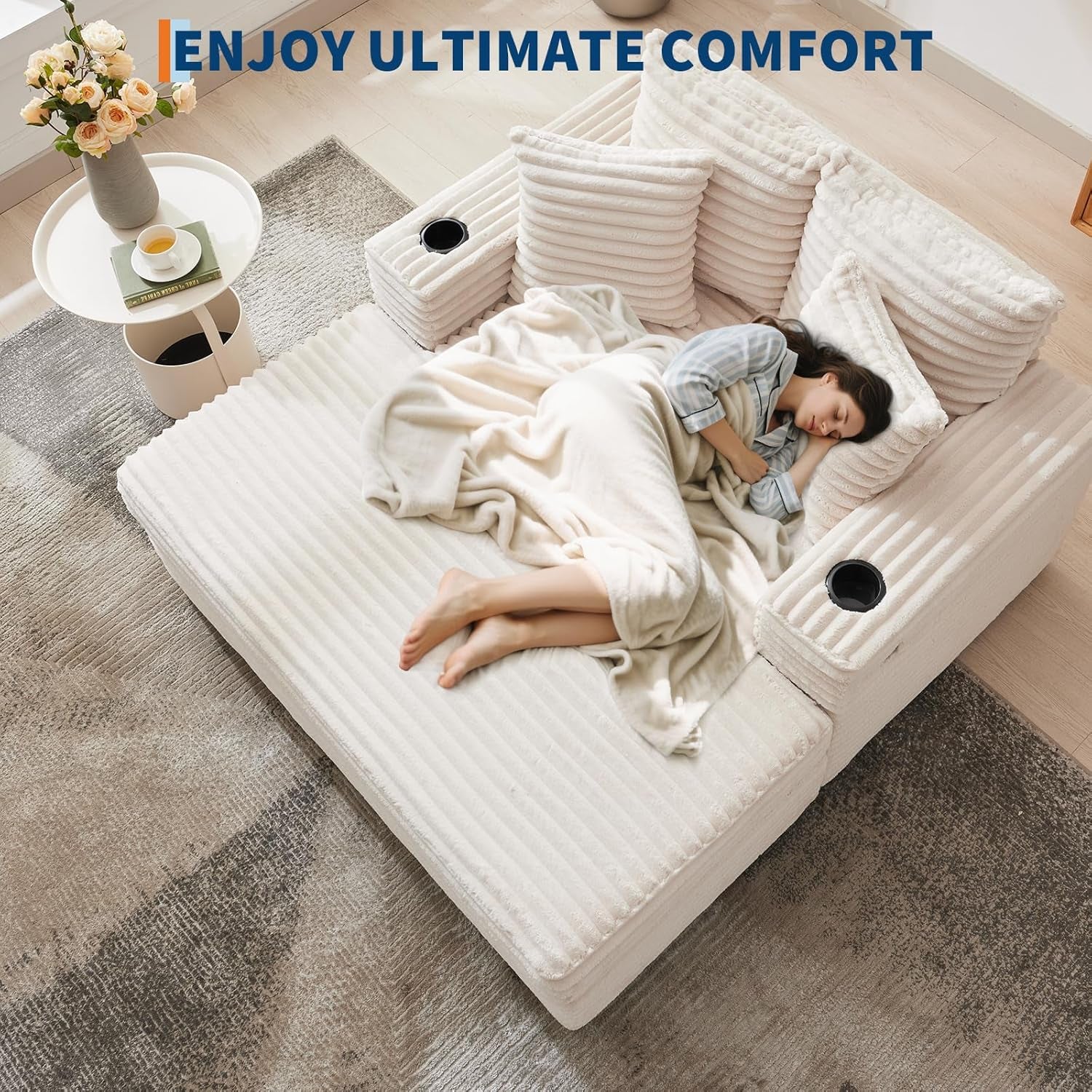 Oversized Chaise Lounge Chair Indoor, 60 Inch Upholstered Sofa Bed with Throw Pillows and Armrests, Comfy Corduroy Sleeper Couch for Living Room, Bedroom, Office, Beige