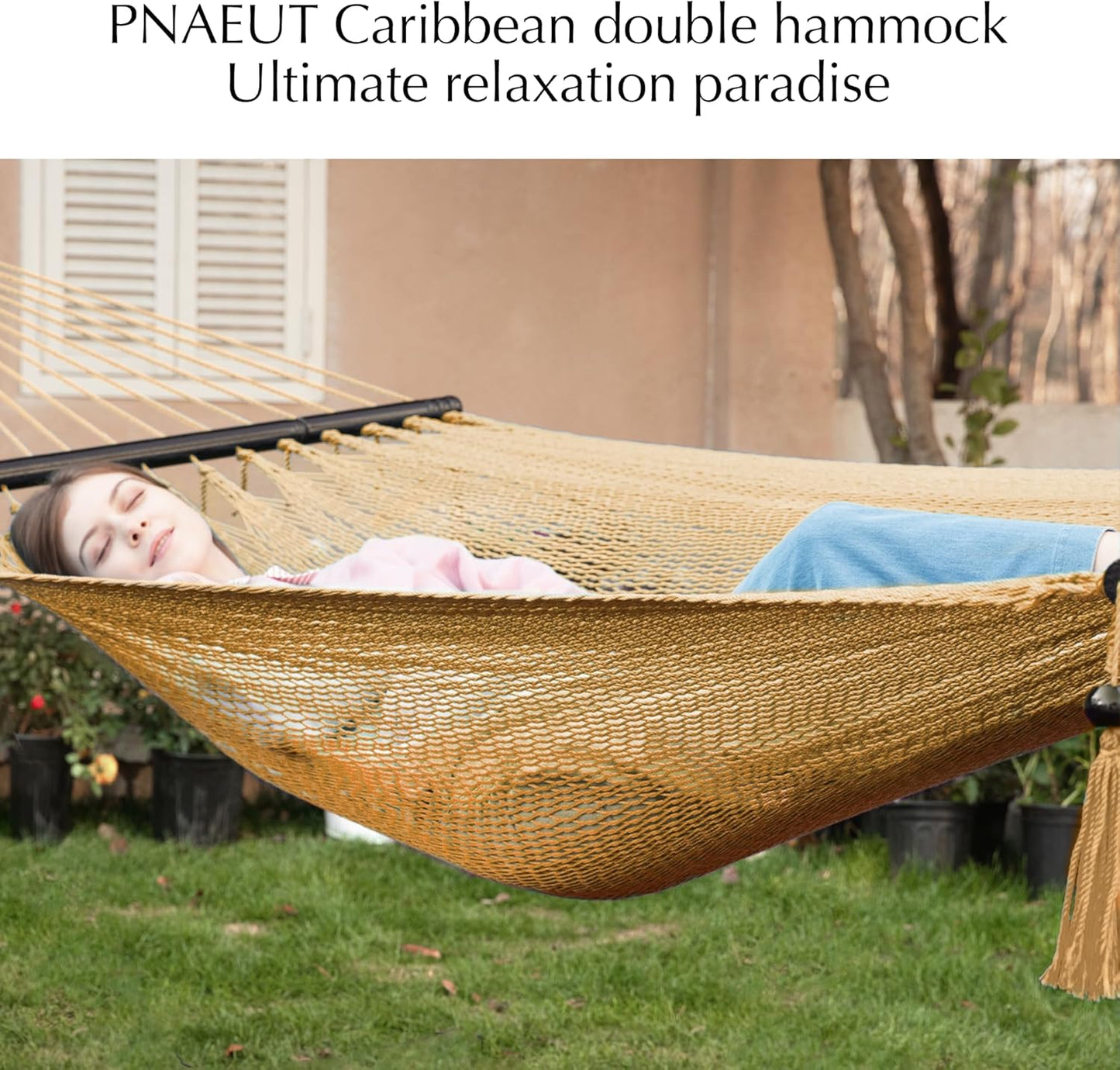 2 Person Caribbean Rope Hammocks for Outside, 12Ft Handwoven Polyester Double Hammock with Spreader Bar for Outdoor Indoor, Max 600 Lbs Capacity (Tan)