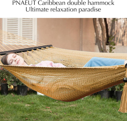 2 Person Caribbean Rope Hammocks for Outside, 12Ft Handwoven Polyester Double Hammock with Spreader Bar for Outdoor Indoor, Max 600 Lbs Capacity (Tan)