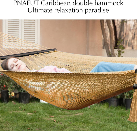 2 Person Caribbean Rope Hammocks for Outside, 12Ft Handwoven Polyester Double Hammock with Spreader Bar for Outdoor Indoor, Max 600 Lbs Capacity (Tan)