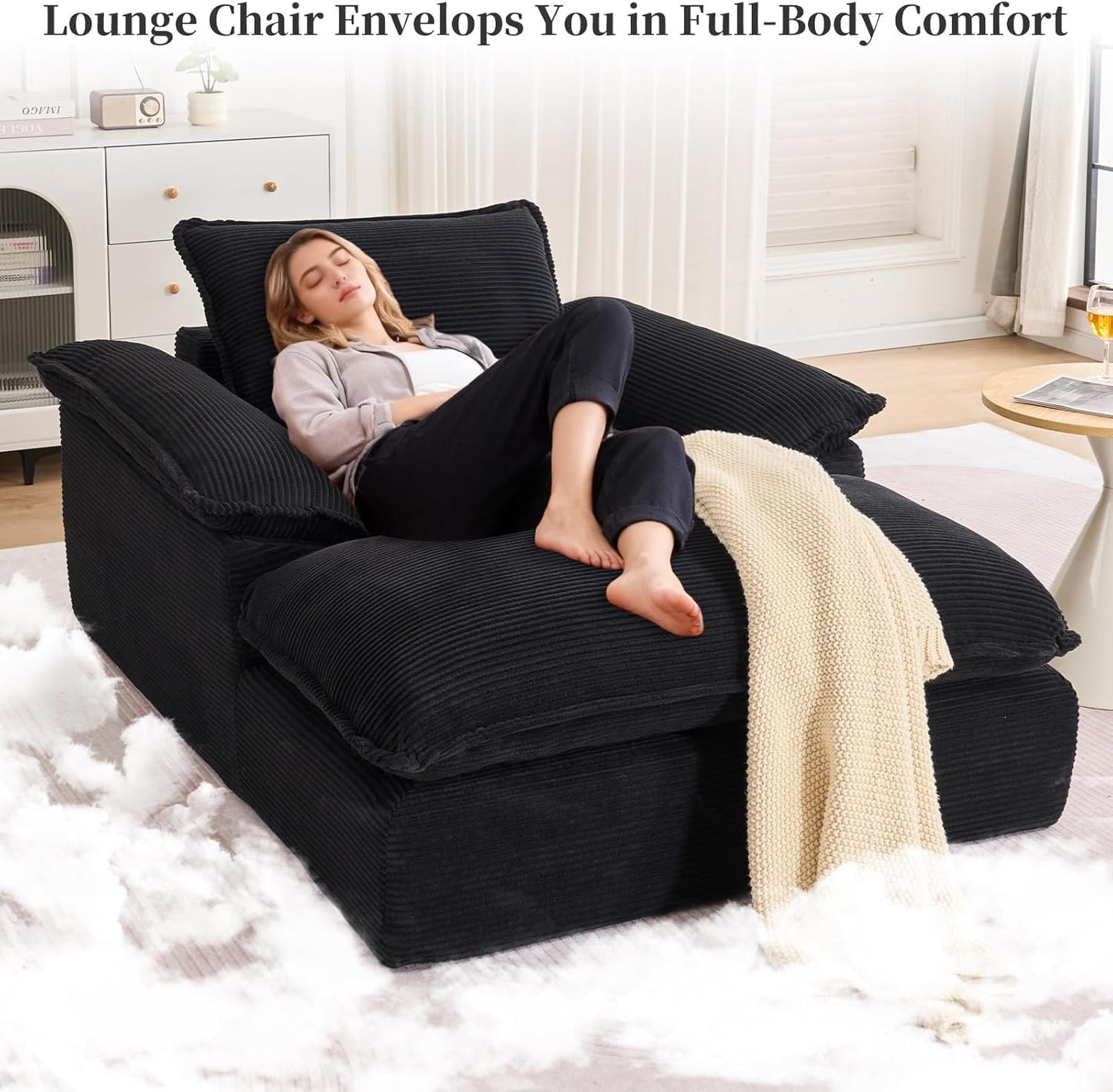 Oversized Chaise Lounge Chair Indoor, 67" Boneless Chaise Lounge with Extra Deep Seat, Comfy Corduroy Upholstered Sleeper Sofa Bed, Cozy Fluffy Single Sofa Armchair for Living Room, Black
