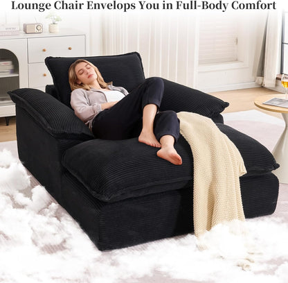 Oversized Chaise Lounge Chair Indoor, 67" Boneless Chaise Lounge with Extra Deep Seat, Comfy Corduroy Upholstered Sleeper Sofa Bed, Cozy Fluffy Single Sofa Armchair for Living Room, Black