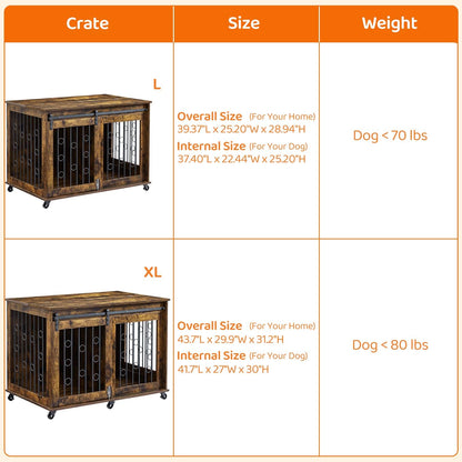 Large Dog Crate Furniture, 47" Wooden Dog Kennel with Sliding Barn Door, Flip-Top Lid & Wheels, Indoor Pet Crate Table with Detachable Divider for Small/Medium/Large Dogs (Rustic Grey)