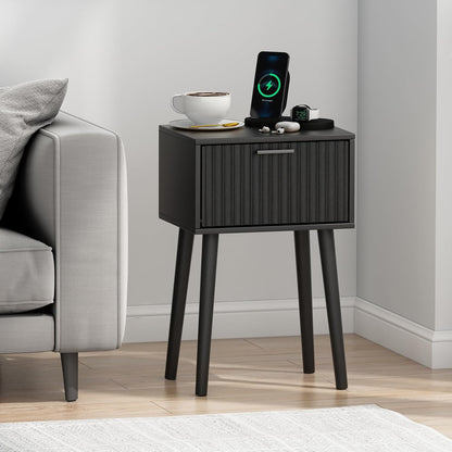Nightstands Set of 2, Small Side Table, Bedside Table with Fluted Door, Solid Wood Feet, Modern Mid-Century End Table for Bedroom, Small Space, Black