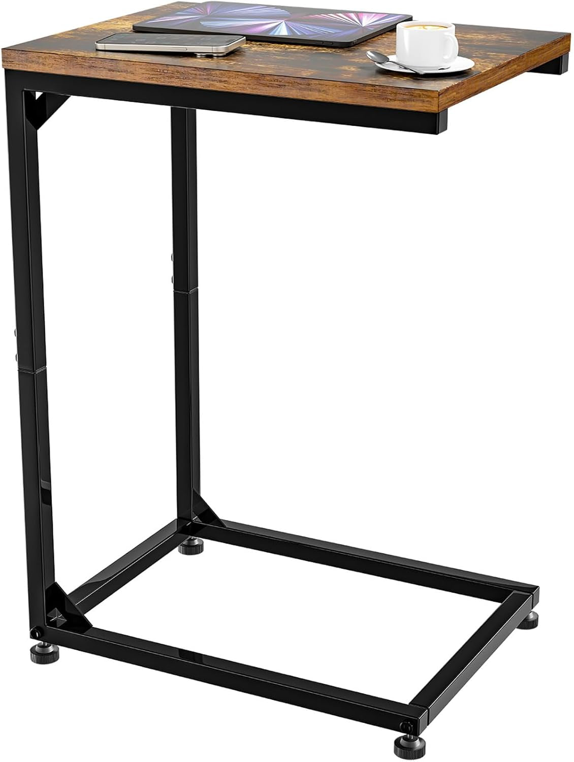 C Shaped End Table for Couch, Small Side Table TV Tray Table with Metal Frame for Living Room, Bedroom, Rustic Brown