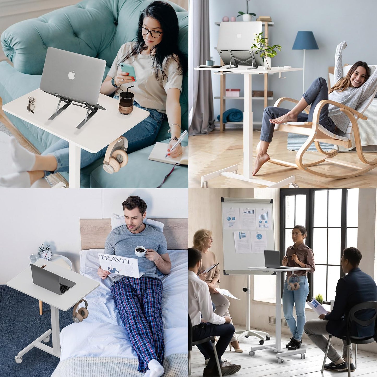 Mobile Small Standing Desk, Gas Spring Adjustable Height Rolling Portable Laptop Desk with Lockable Wheels, Computer Workstation, Rolling Podium (White, 17.8 * 25.5)