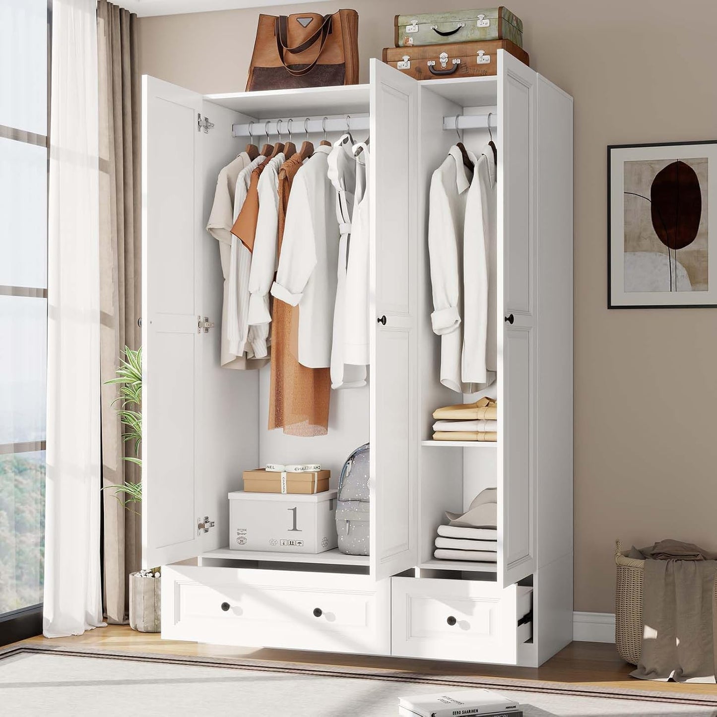 Armoire Wardrobe Closet with Drawers: 74" White Tall Wooden Wardrobe Closet for Hanging Clothes, Large Bedroom Armoires with 2 Drawers, 3 Door Armoire Storage Cabinet (White, 47")