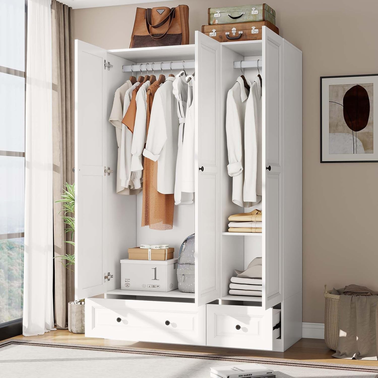 Armoire Wardrobe Closet with Drawers: 74" White Tall Wooden Wardrobe Closet for Hanging Clothes, Large Bedroom Armoires with 2 Drawers, 3 Door Armoire Storage Cabinet (White, 47")