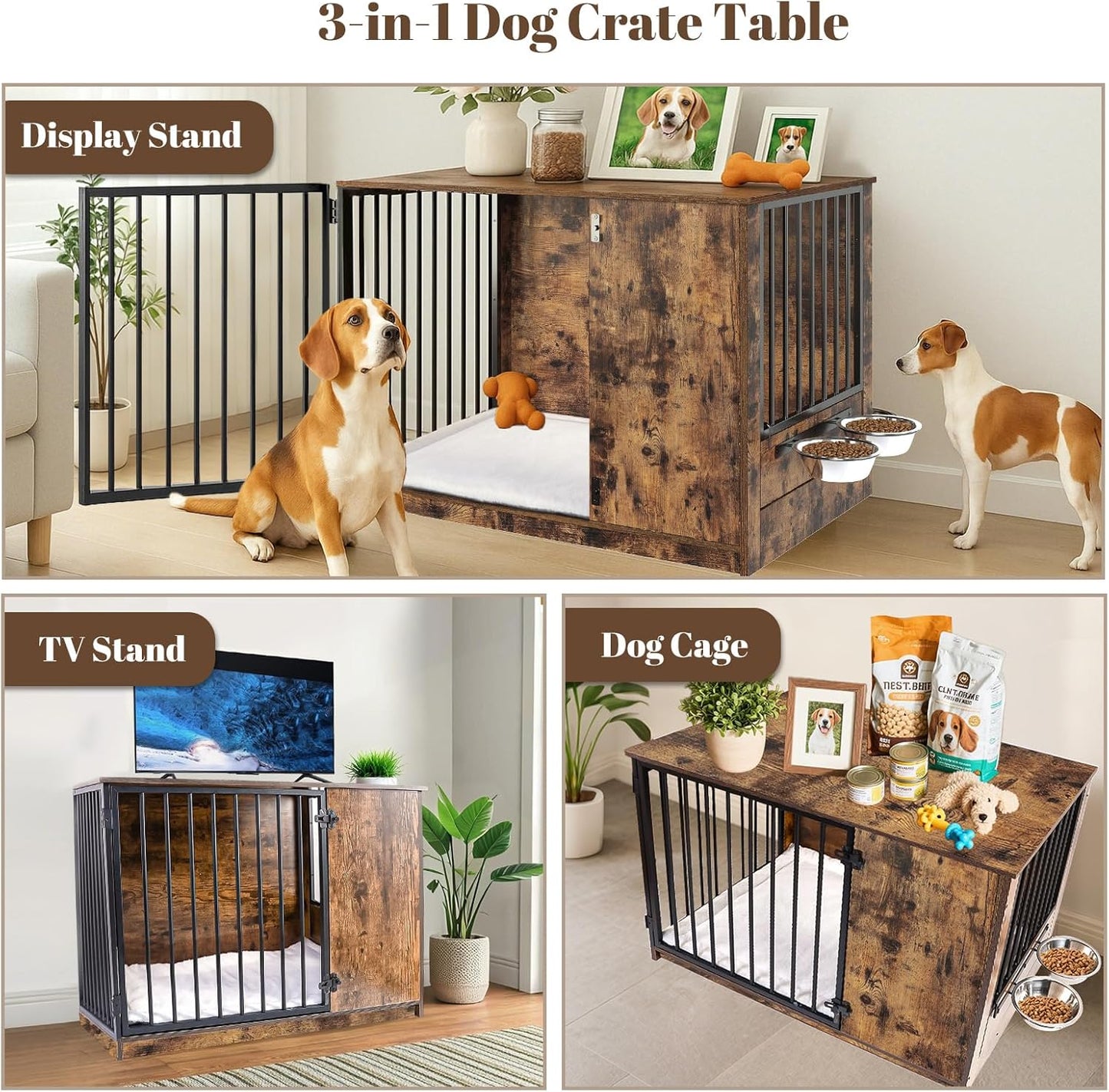 Dog Crate Furniture with Cushion for Large Dogs, 36" Indoor Wooden Dog Kennel with 270° Swivel Door, 360° Rotating Feeder, Decorative Heavy Duty Dog House with Double Locks & Bowls, Rustic Brown