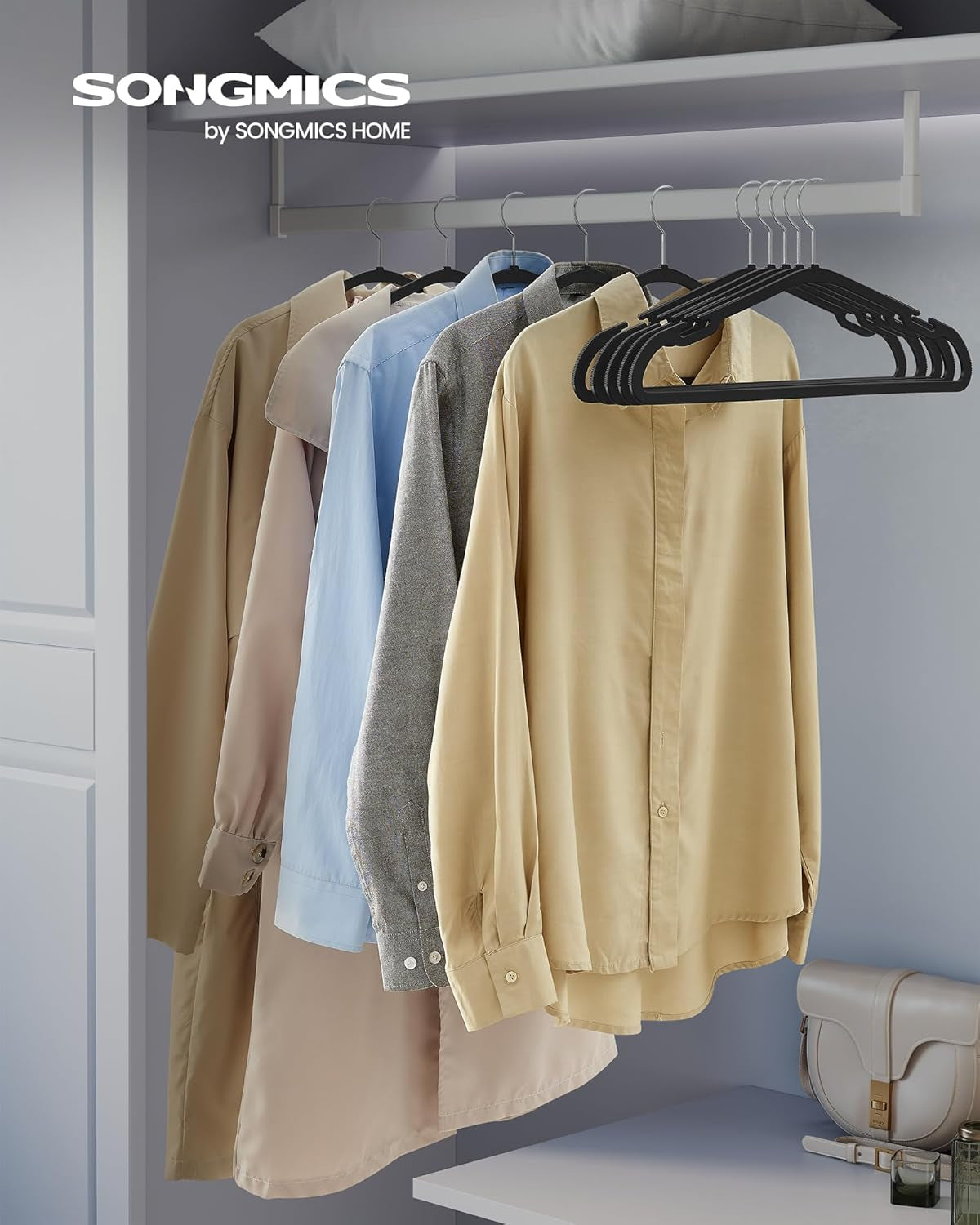 Clothes Hangers 50 Pack, Heavy-Duty Plastic Hangers, Coat Hangers with Wide Shoulder Notches, Pant Bar, 360° Swivel Hook, Space-Saving, 16.4 Inches, for Closet, Ink Black UCRP060B01