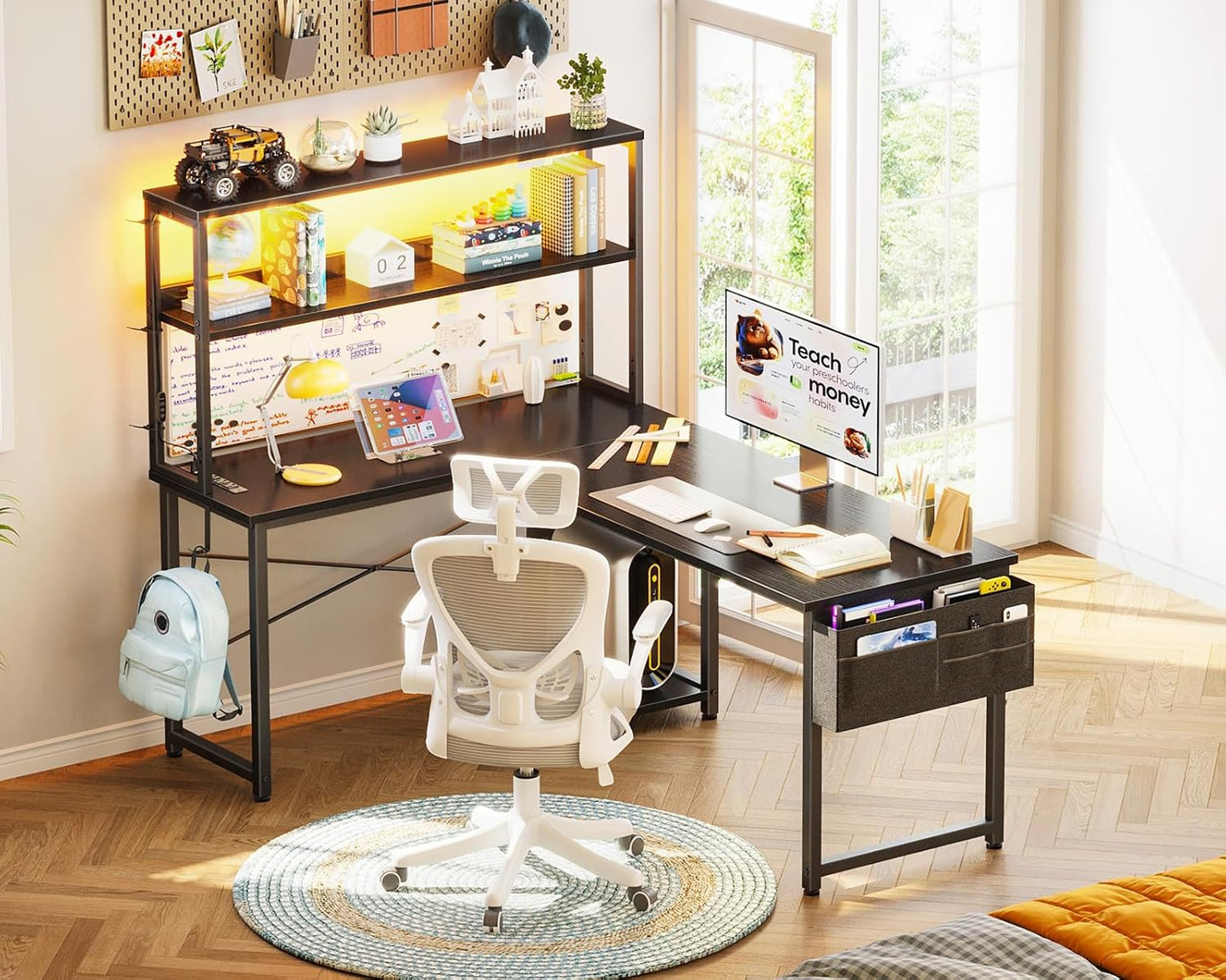 L Shaped Desk Gaming Desk with LED Light & Power Outlet, 53 Inch Reversible L Shaped Computer Table with Shelf & Storage Bag & Hook for Home Office, Black