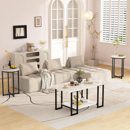 3 Pieces Living Room Table Set, Faux Marble Coffee Table with 2 round End Side Tables, Coffee Table Set with Metal Frame for Apartment Home Office, White Black