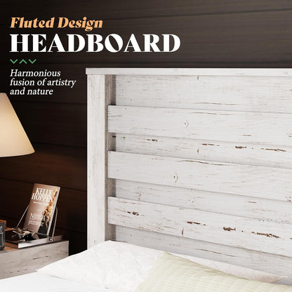 Farmhouse King Size Bed Frame with 49" Fluted Headboard, Wood Platform Bed with Natural Wood Grain, No Box Spring Needed/Noise Free, Distressed White