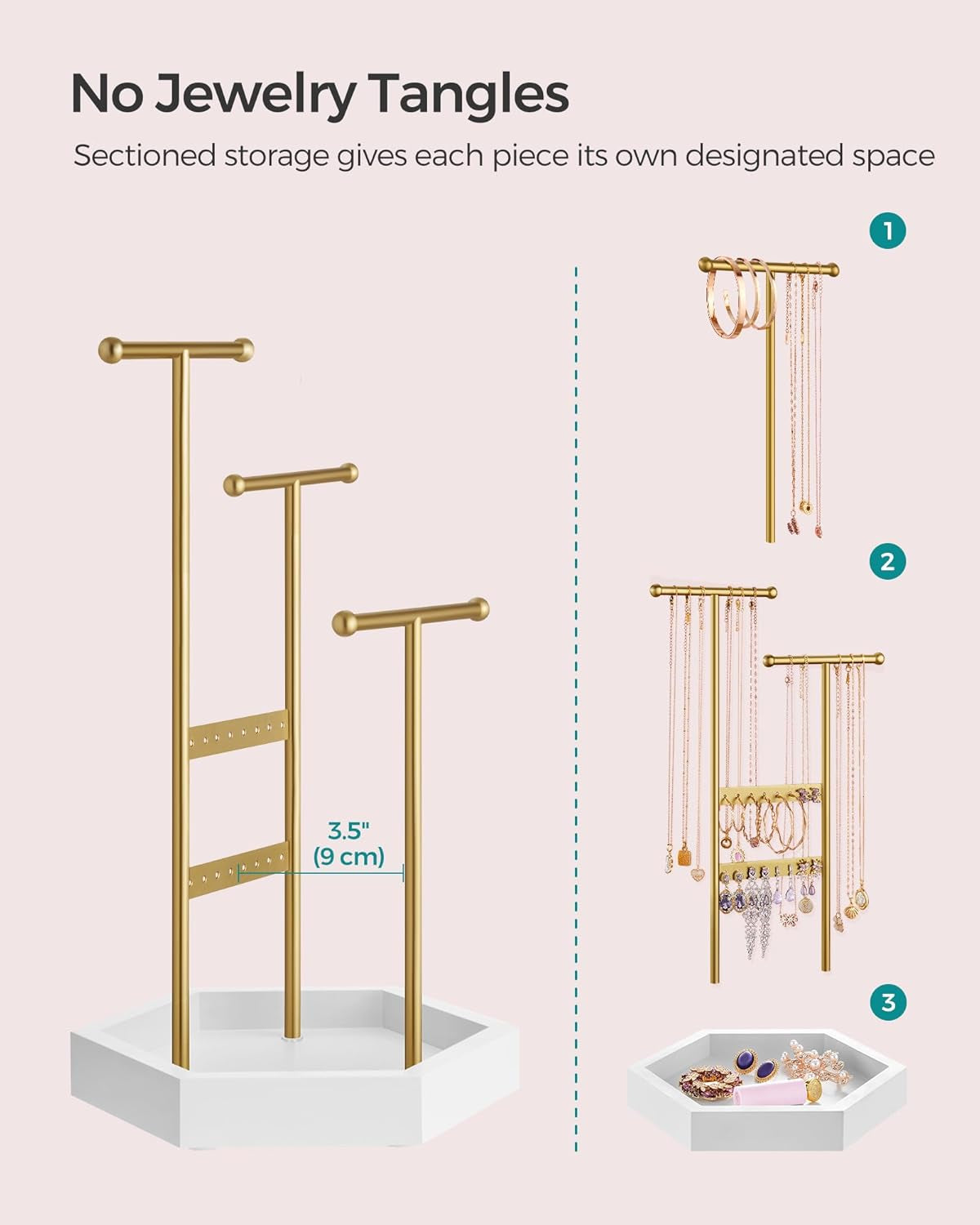 Jewelry Holder, Jewelry Organizer, 3 Tiers and 1 Tray, Jewelry Display Stand with Metal Frame, Necklace Earring Bracelet Holder, for Rings, Pale Gold and White UJJS003A01