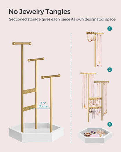 Jewelry Holder, Jewelry Organizer, 3 Tiers and 1 Tray, Jewelry Display Stand with Metal Frame, Necklace Earring Bracelet Holder, for Rings, Pale Gold and White UJJS003A01