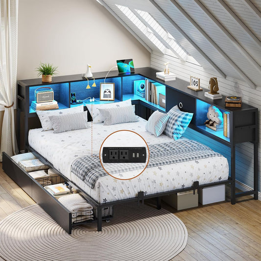 Full Corner Bed Frame with Bookcase Storage and Led Lights Metal Platform Bed Frame Full Size with Storage Drawers & Charging Station Full Size Daybed for Teen/Adult,No Box Spring Needed,Black