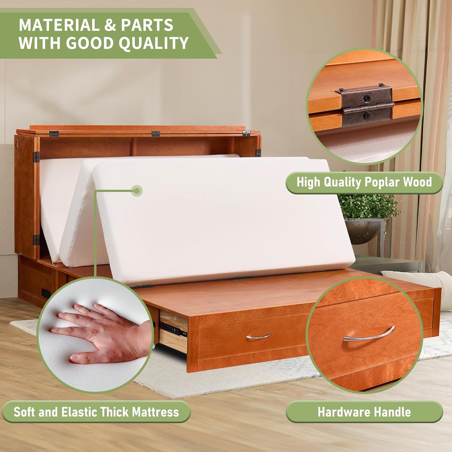 Queen Murphy Bed with Mattress Included, Murphy Bed Cabinet with Drawers and Charging Station for Small Spaces, Home Offices (Circular Pattern, Cherry)