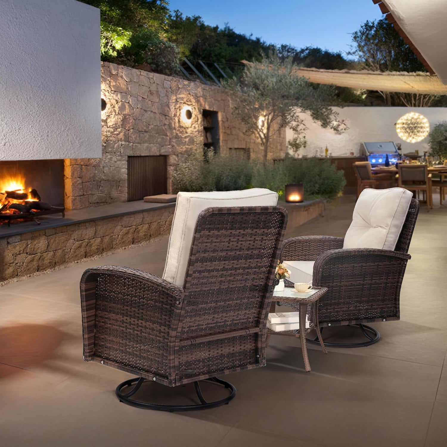 Luxury Outdoor Swivel Wicker Glider Patio Chairs with Table Set, Overstuffed Washable Cushions, Ideal for Porch, Balcony, Deck, Brown Rattan and Beige Cushion