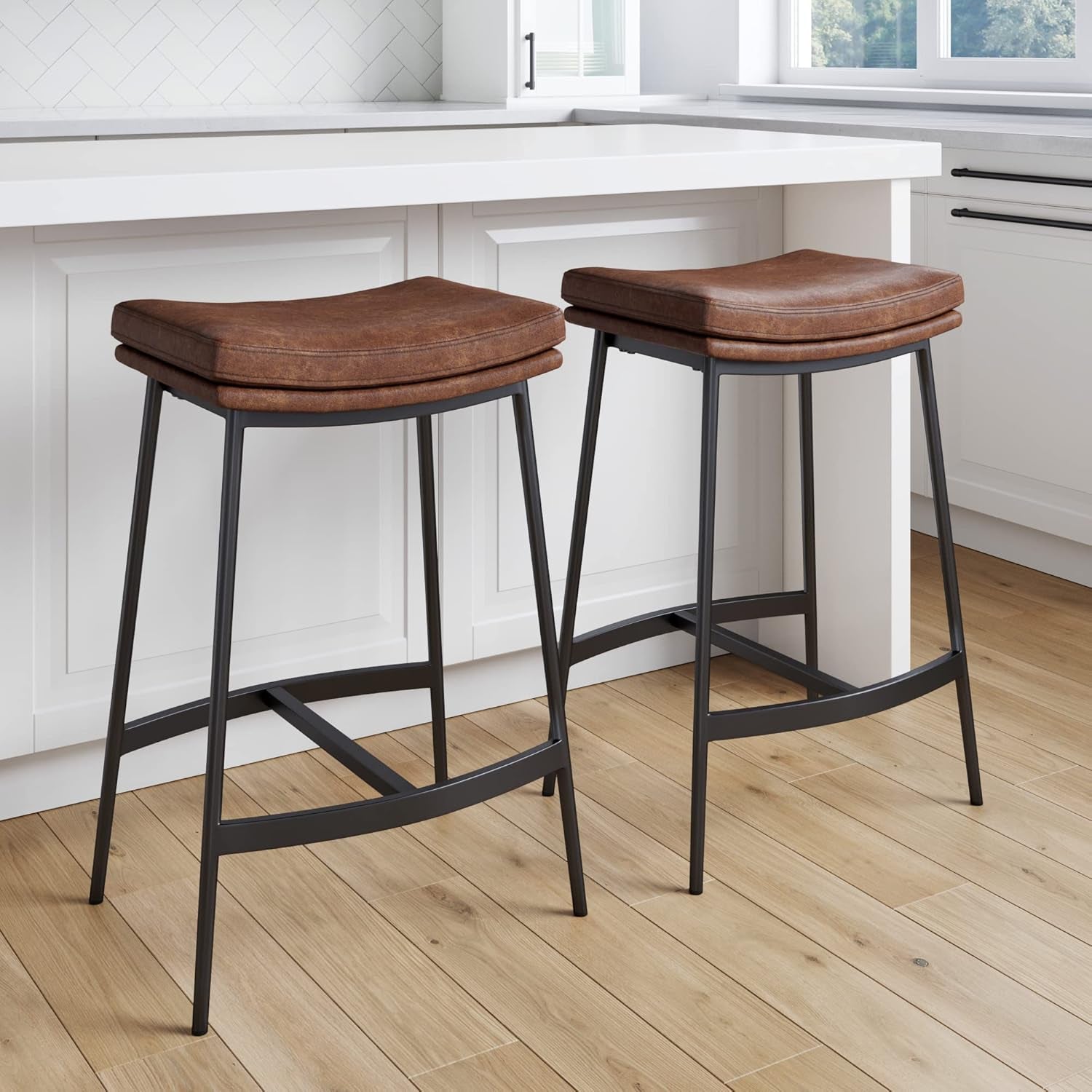 Arlo Modern Backless Upholstered Kitchen Counter Bar Stool with Double-Layered Saddle Seat and Black Metal Base, Brown/Matte Black, Set of 2