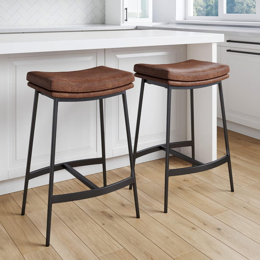 Arlo Modern Backless Upholstered Kitchen Counter Bar Stool with Double-Layered Saddle Seat and Black Metal Base, Brown/Matte Black, Set of 2