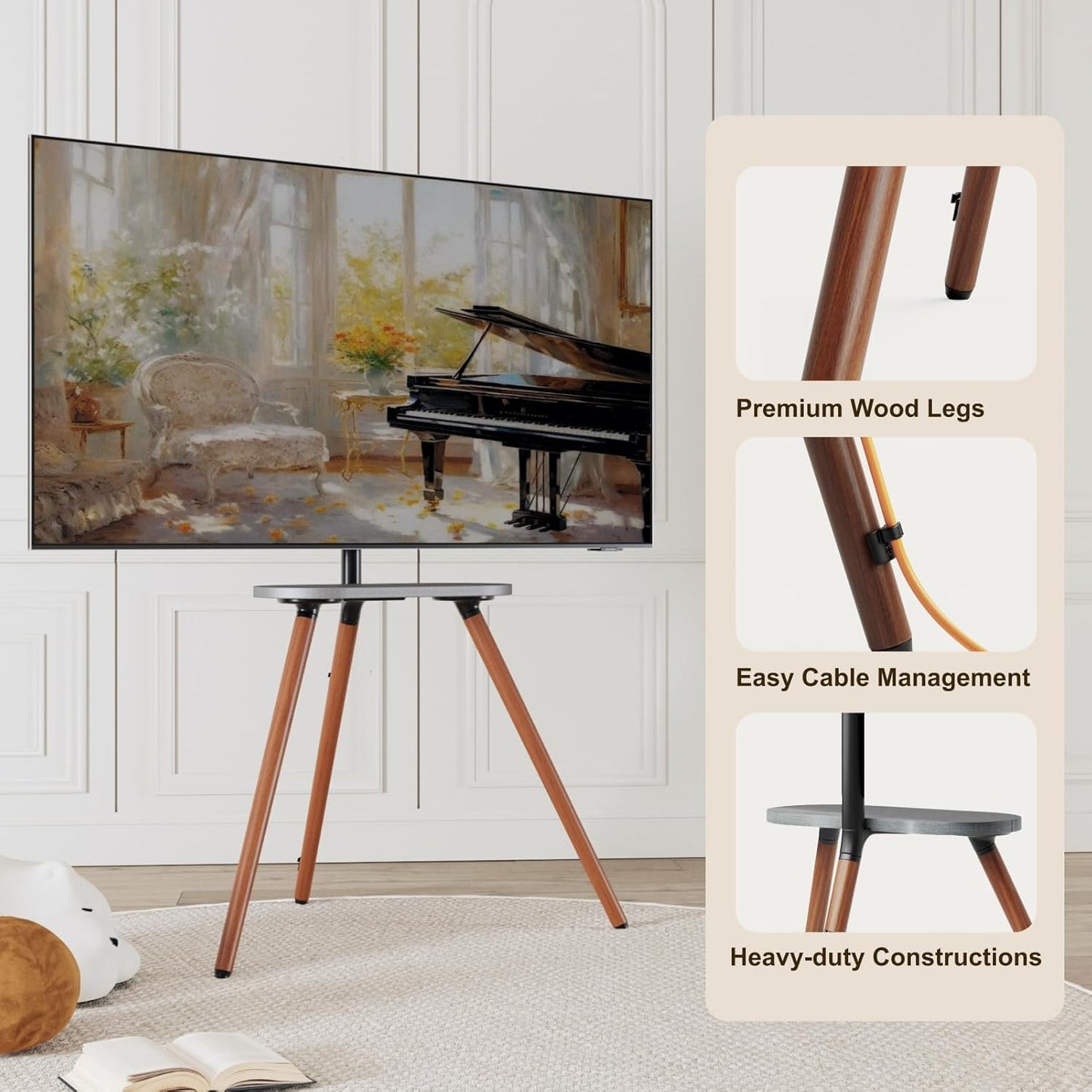 Tripod Easel TV Stand for 43 to 65 Inch LCD LED OLED Screen, Height Adjustable and Swievel TV Stand, Portable Corner TV Floor Stand with Wooden Tray, VESA 400X400Mm, Minimalist Black Walnut