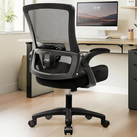 Office Desk Chair Computer High Back Mesh Gaming Seat with Ergonomic Adjustable Comfy Flip-Up Armrests Lumbar Support Height for Home (Black)