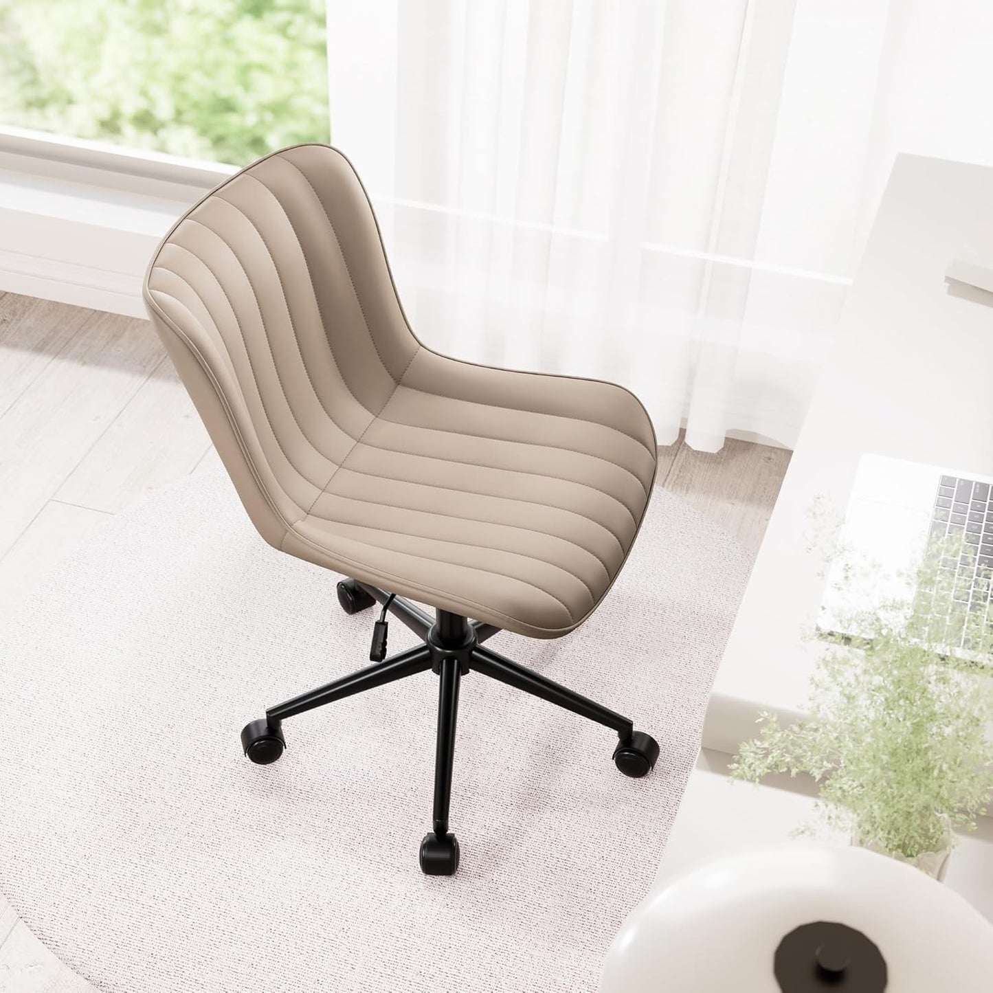 Khaki Leather Home Office Desk Chair with Wheels Modern Cute Armless Executive Swivel Vanity Chair with Comfy Padded Back Ergonomic Rolling Adjustable Computer Task Chair Small
