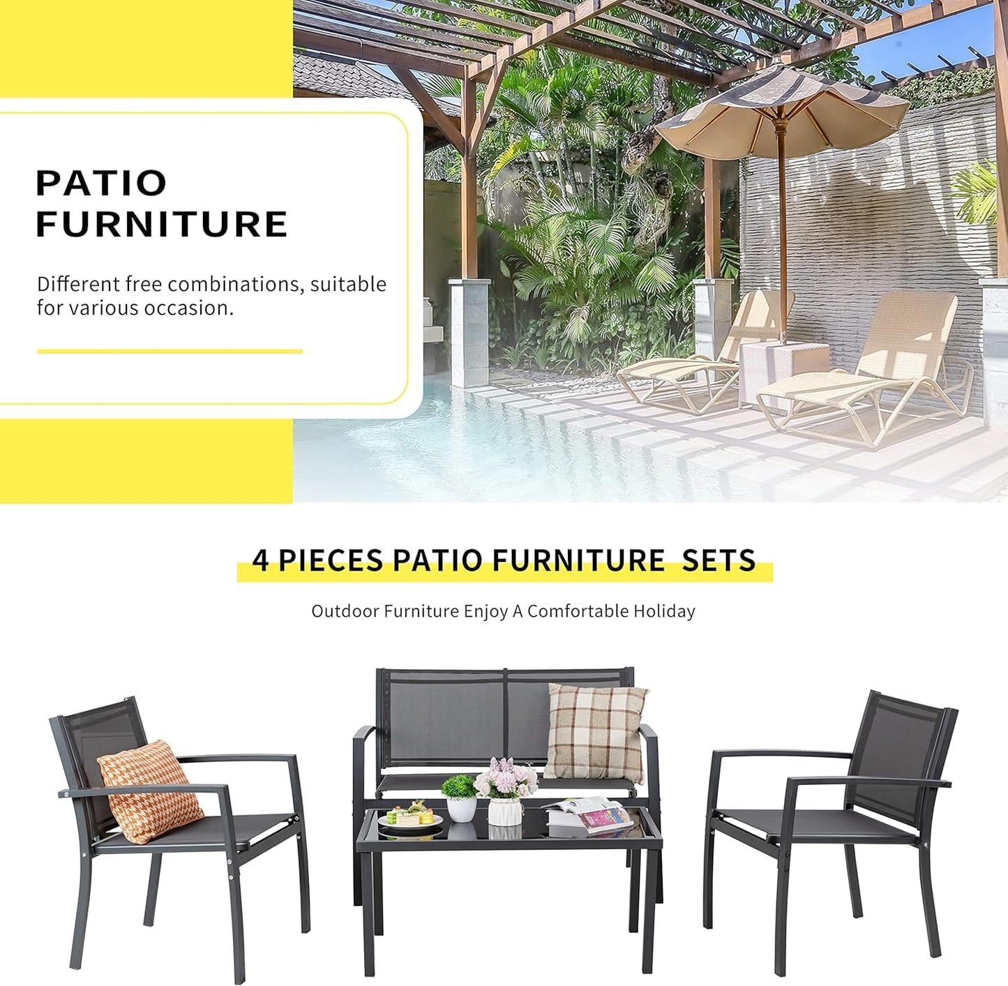 4 Pieces Patio Furniture Set All Weather Textile Fabric Outdoor Conversation Set, with Glass Coffee Table, Loveseat, 2 Single Chairs for Home, Garden, Lawn, Porch（Gray）