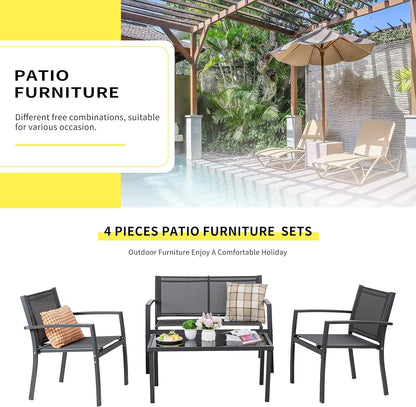 4 Pieces Patio Furniture Set All Weather Textile Fabric Outdoor Conversation Set, with Glass Coffee Table, Loveseat, 2 Single Chairs for Home, Garden, Lawn, Porch（Gray）