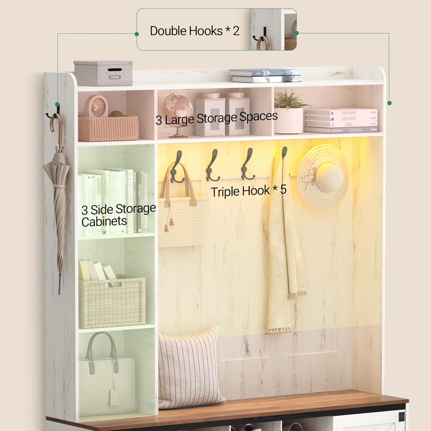 59.8" Hall Tree, LED Farmhouse Entryway Storage and Coat Rack Wood, Entryway Furniture with 7 Hooks, Hall Tree with Bench and Storage, 6 Storages Partitions Shoe Bench, Rustic White HT24814B