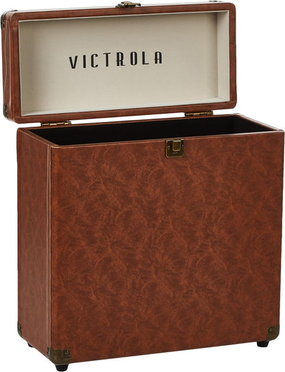 Collector – Record Storage Case – Holds 30+ Vinyl Turntable Records, Heavy-Duty Hardware, Hinges, & Smart Metal Corners, Portable with Easy-Carry Handle (Brown)