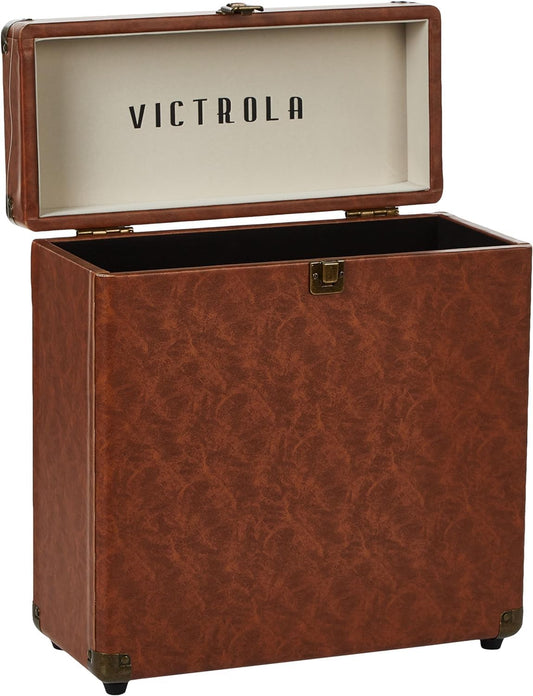 Collector – Record Storage Case – Holds 30+ Vinyl Turntable Records, Heavy-Duty Hardware, Hinges, & Smart Metal Corners, Portable with Easy-Carry Handle (Brown)
