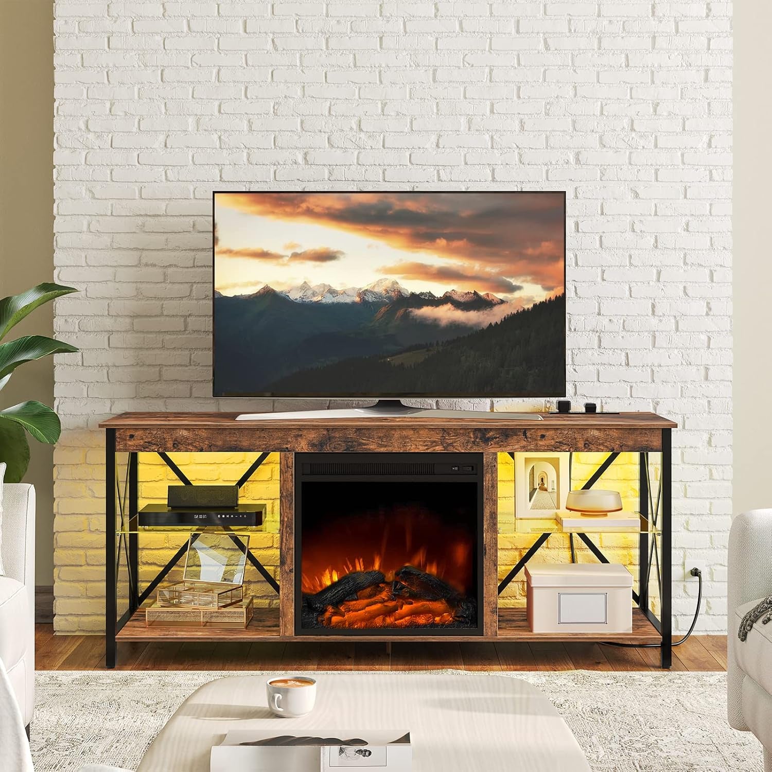 Fireplace TV Stand with Charging Station and LED Lights, TV Stand with Fireplace for Tvs up to 65", Entertainment Center with Fireplace, Glass Shelves, Rustic Brown and Black BF140UDDS01