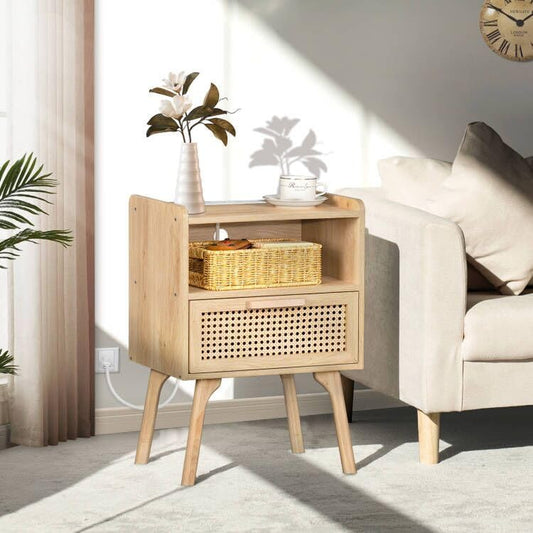 Rattan Nightstands Set of 2 with Charging Station, Boho Side Table with Drawer Open Shelf, Cane Accent Bedside End Table with Solid Wood Legs for Bedroom, Dorm and Small Spaces (Natural)