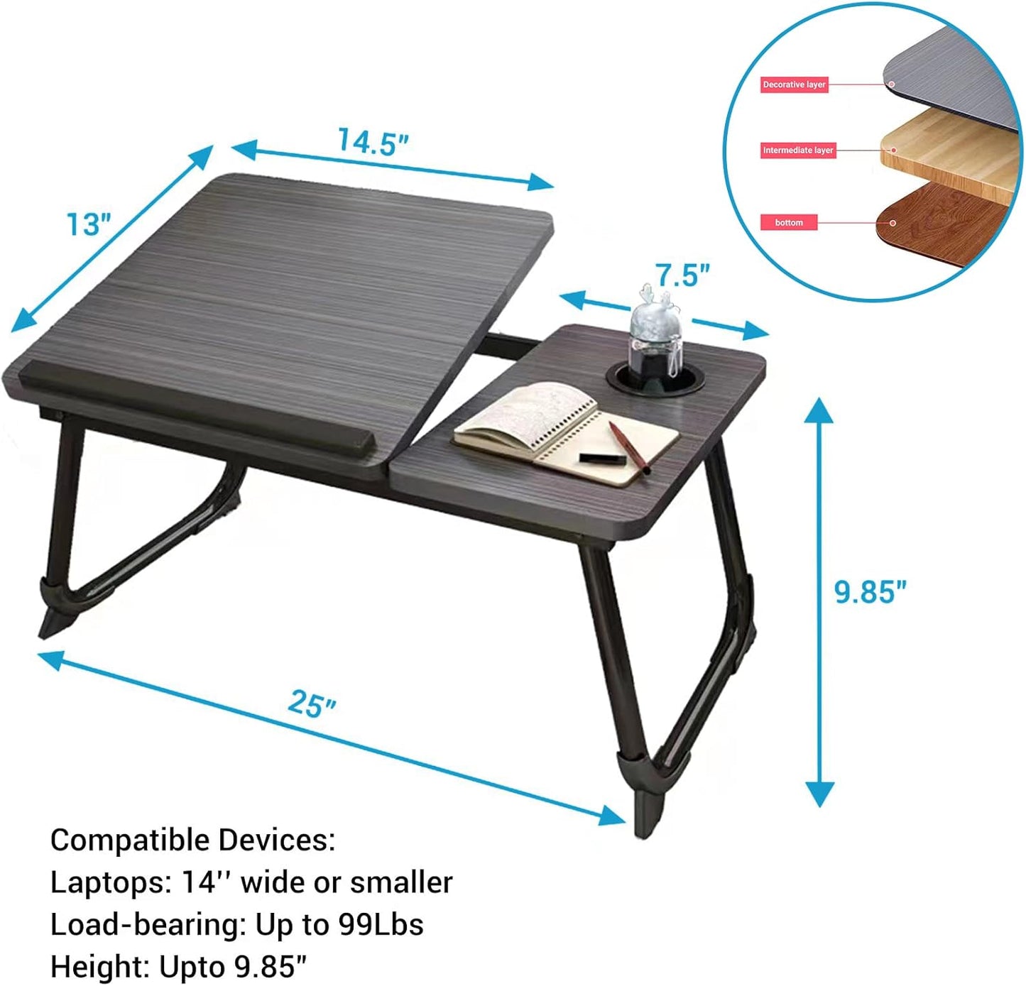 Laptop Desk for Bed or Couch, Lap Desk, Woking in Bed Desk, Home Office Desks, Breakfast Tray, Desk with Cup Holder, Watching Movies in Bed, Laptop Stand for Bed, Fordable Legs Desk (Black)
