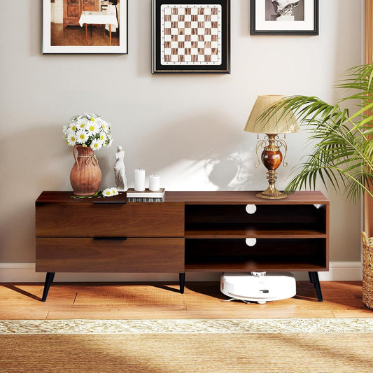 Wood TV Stand for Tvs up to 65", Mid Century TV Stand with Storage, Modern Entertainment Center with 2 Drawers, Accent TV Media Console Table for Living Room, 53"(L), Retro Brown