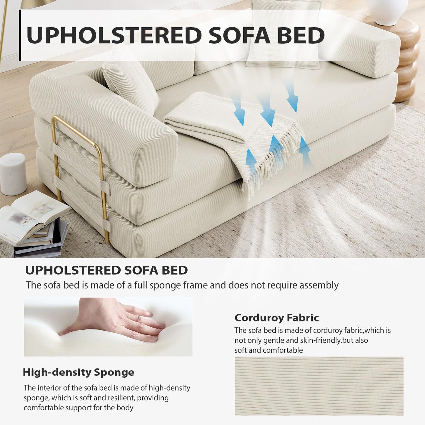 78 Inch Convertible Sleeper Sof Bed, Folding Floor Mttress Couch with Fixed-Shpe Frme, Futon Boneless Couch Lounge Loveset with Pull Out Bed, No ssembly Required (Beige)