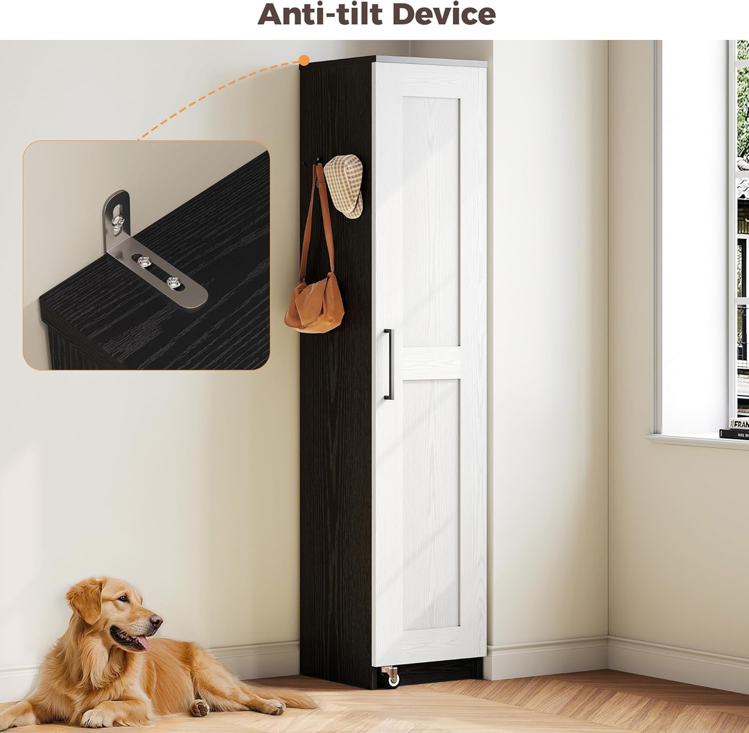 Small Kitchen Pantry Cabinet 72" for Narrow Space, with Single Door and Adjustable Shelves, Freestanding Tall Storage Cabinet for Living Room, Bathroom, Black and White